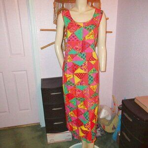 Jams World Dress Size L Midi Pleated Pockets Patchwork Tank Hawaiian Artsy Beach